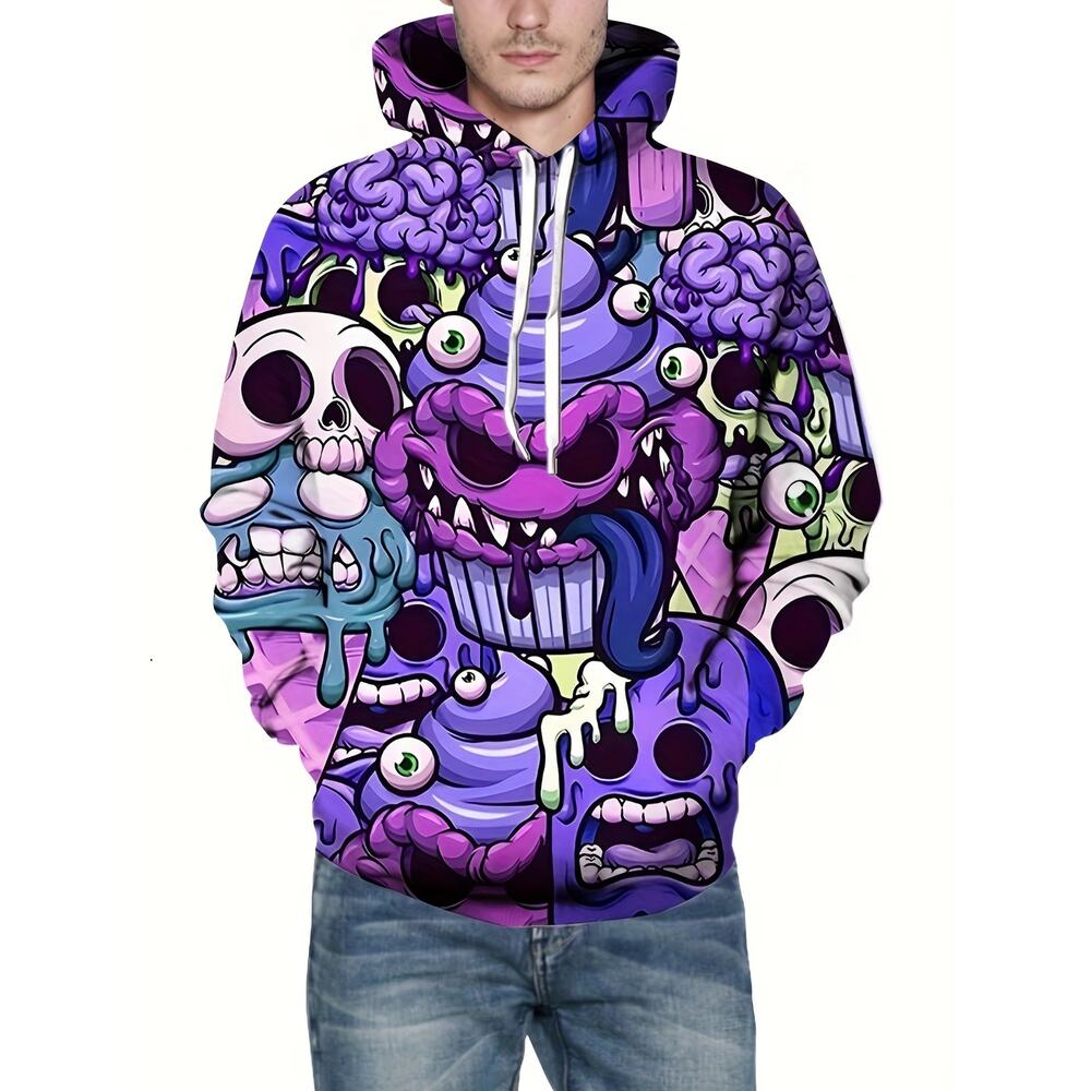 Men’s Graphic Horror Hoodie Cupcake Monster & Skull Pullover Hoodie XXL